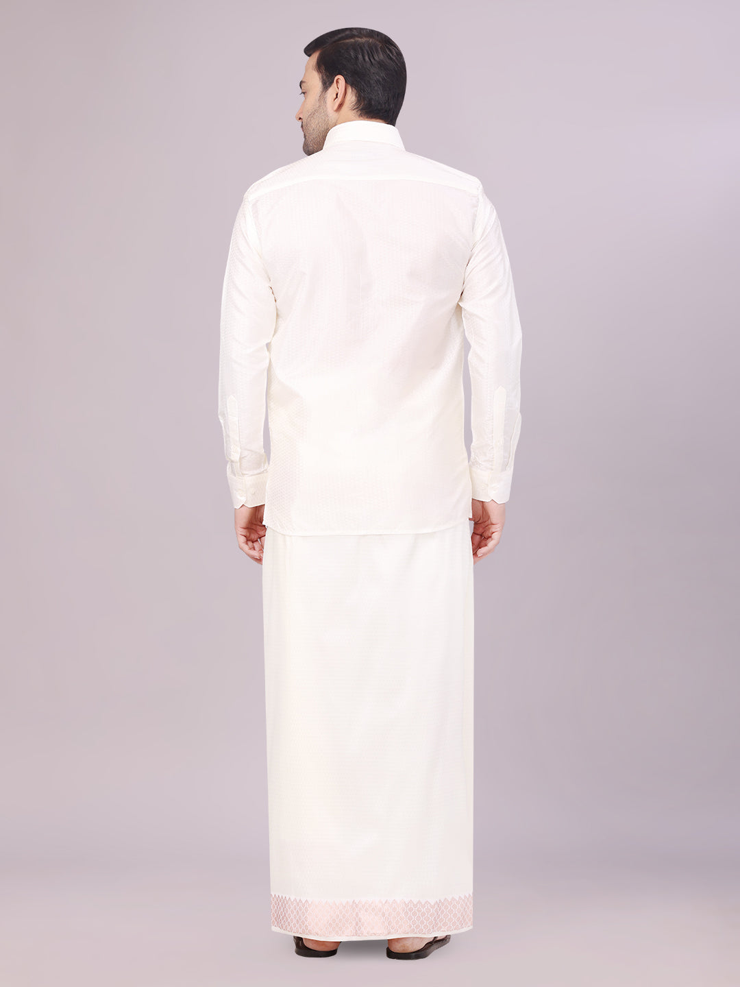 Men's Art Silk Cream Jacquard Full Sleeves Shirt with 2 1/2" Copper Jari Border & Dhoti Combo Nautica 