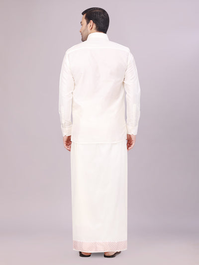 Men's Art Silk Cream Jacquard Full Sleeves Shirt with 2 1/2" Copper Jari Border & Dhoti Combo Nautica 