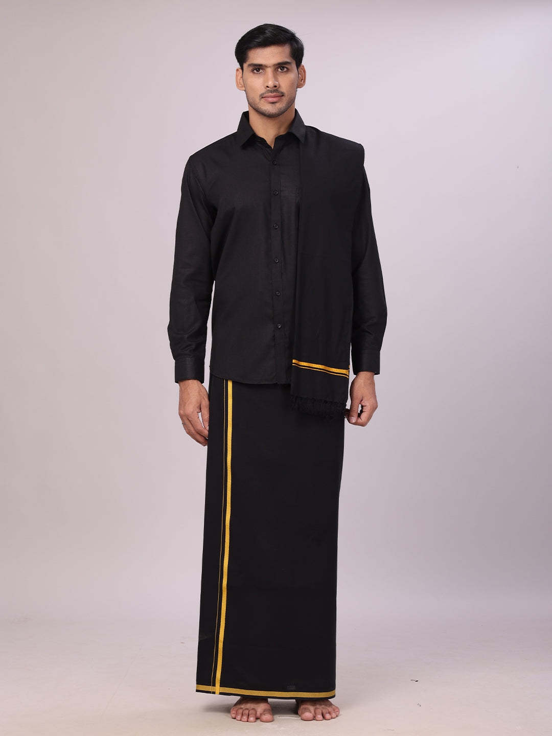 Men's Devotional Cotton Black Shirt with Small Assorted Border Dhoti & Towel Combo