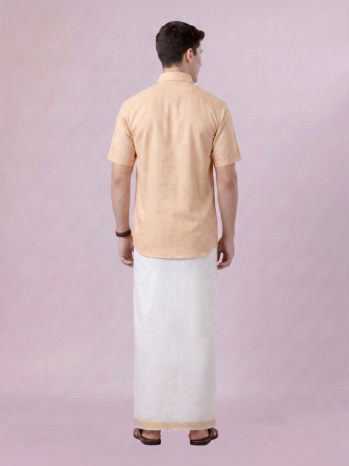 Men's Sun Gold Color Digital Printed Shirt with Matching Printed Border Dhoti Combo Varnam