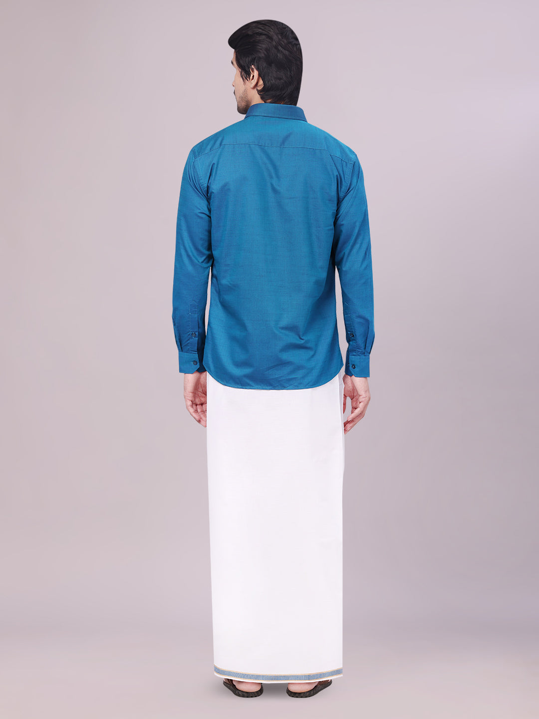 Men's Peacock Shirt with Matching Border Dhoti Combo Pinto back pose