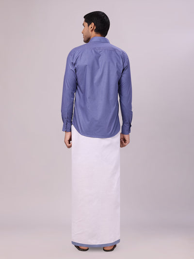 Mens Blue Color Shirt with Matching Border Dhoti Combo Casper