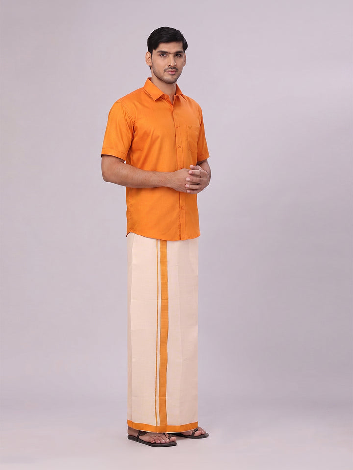 Mens Cotton Orange Shirt with Tissue Matching Border Dhoti Wedding Combo Kandala