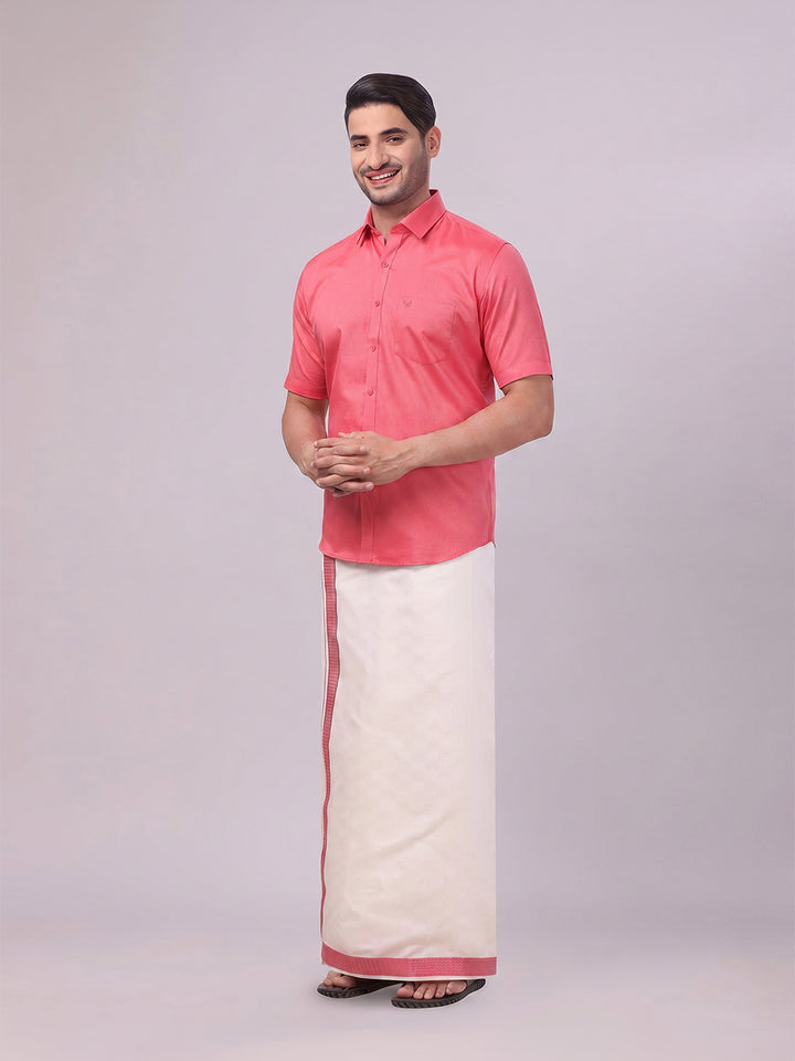 Men's Cotton Dark Pink Shirt and Airtex Matching Border Dhoti Combo Nector
