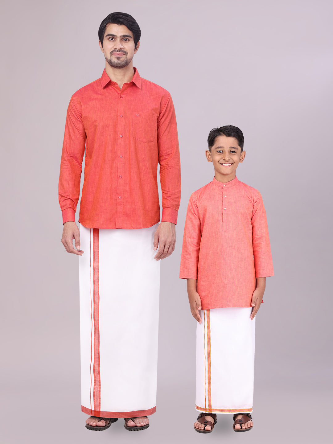 Father & Son Brick Men Shirt Dhoti Set with Kids Kurta Dhoti Set Combo