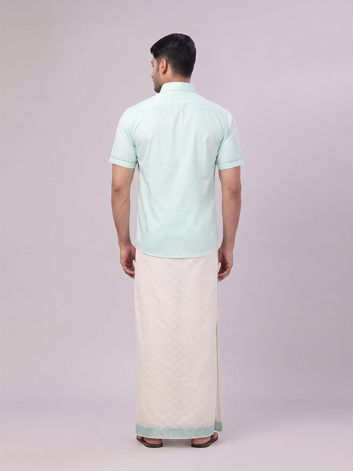Men's Cotton Sea Green Shirt and Airtex Matching Border Dhoti Combo Nector