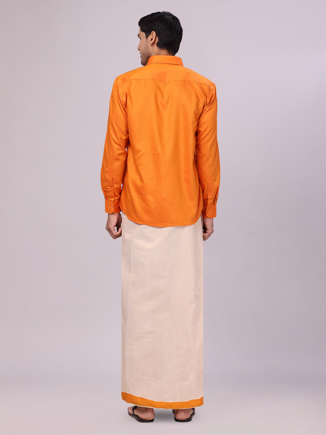 Men's Orange Color Cotton Shirt with Matching Border Tissue Dhoti Combo back pose