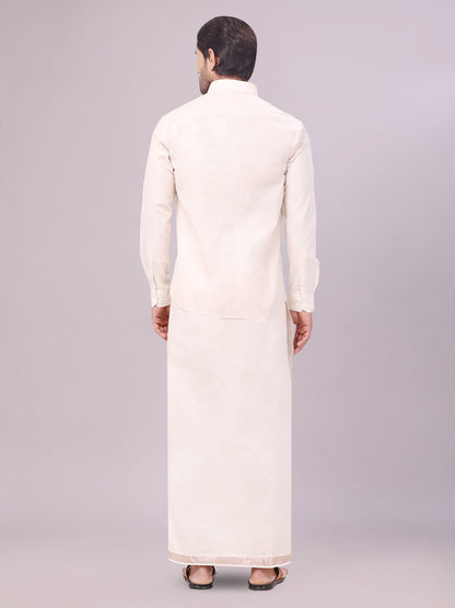 Men's Almond Color Tissue Shirt with Jari Dhoti Combo back pose
