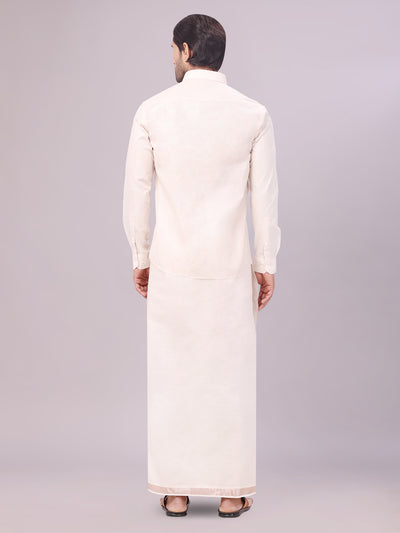 Men's Almond Color Tissue Shirt with Jari Dhoti Combo back pose