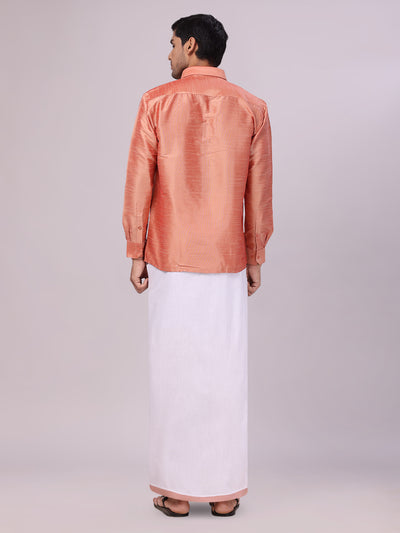 Men's Light Brown Dupion Satin Shirt with Matching Border Dhoti Combo Gora back pose