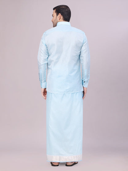 Men's Art Silk Sky Blue Jacquard Full Sleeves Shirt with 2 1/2" Jari Border Dhoti Combo Nautica