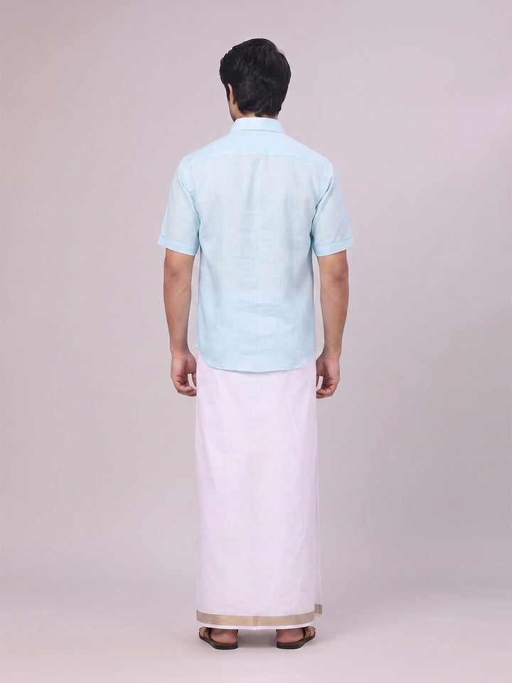 Mens Light Blue Shirt with Matching jacquard Weave Border Dhoti Combo Marsh