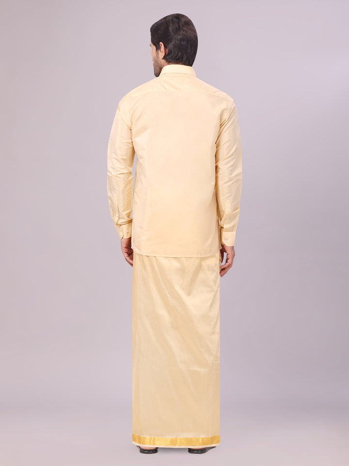 Mens Art Silk Medium Gold Full Sleeves Shirt with Gold Jari Border Dhoti & Towel Combo Blush