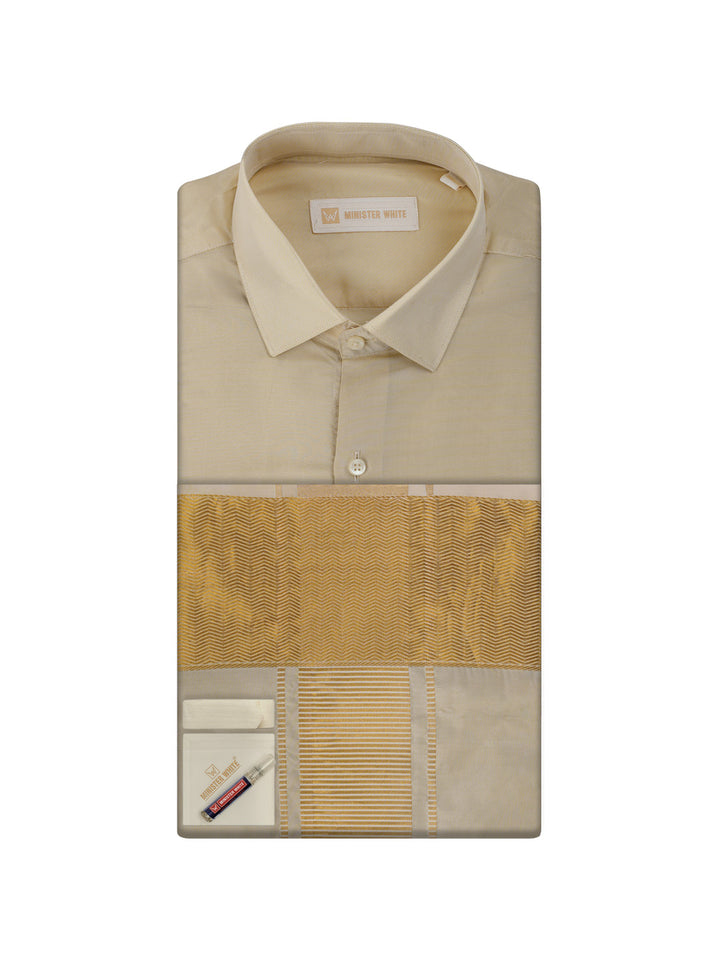 Men's Art Silk Medium Gold Jacquard Full Sleeves Shirt with 4" Gold Jari Border & Towel Dhoti Combo Mangal