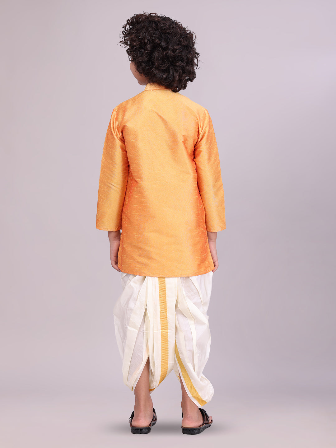 Boys Orange Colour Kurtha with Gold Jari Panchakacham Combo Chitrang