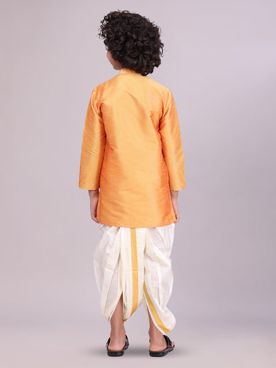 Boys Orange Colour Kurtha with Gold Jari Panchakacham Combo back pose