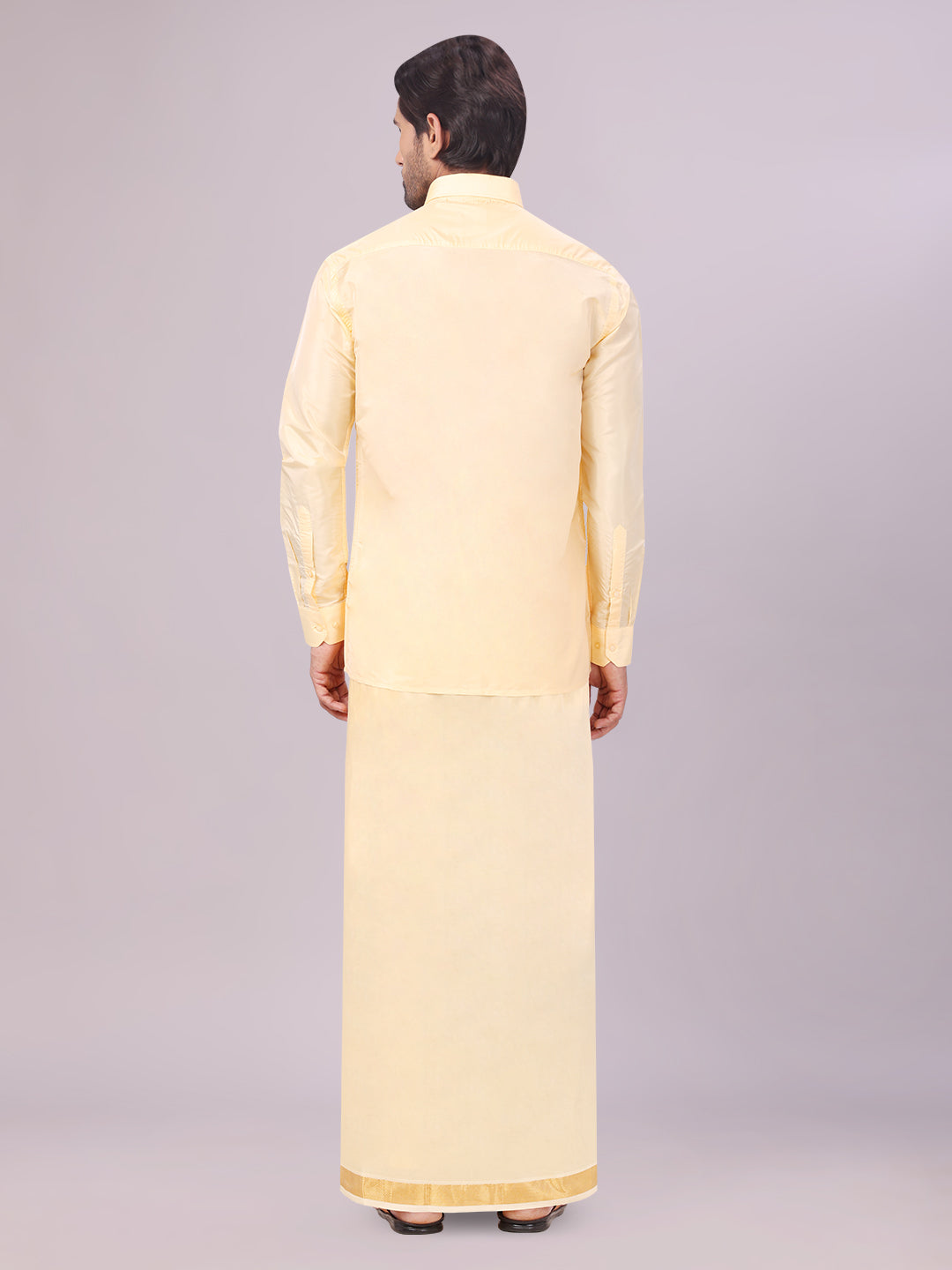 Men's Art Silk Light Gold Full Sleeves Shirt with Gold Jari Border Dhoti Combo Finesse back pose