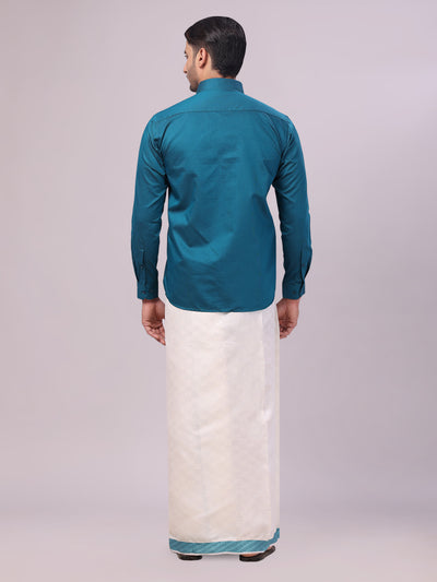 Mens Cotton Steel Blue Shirt and Airtex Matching Border Dhoti Combo Nector