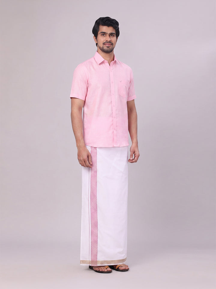Mens Pink Shirt with Matching jacquard Weave Border Dhoti Combo Marsh
