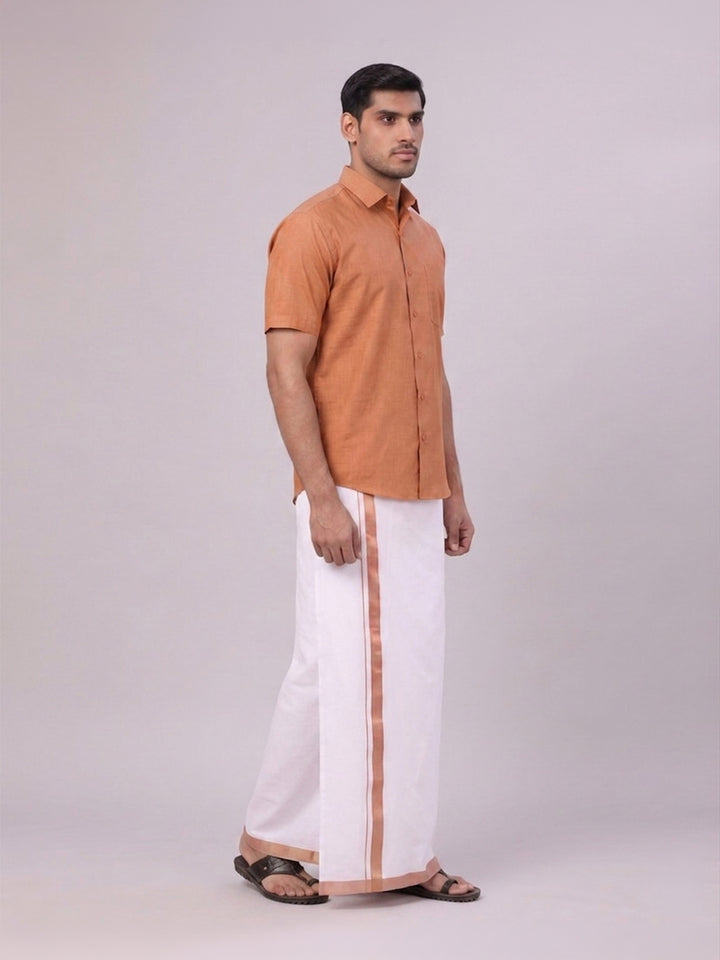 Mens Brown Color Shirt with Matching Border Dhoti Combo Casper