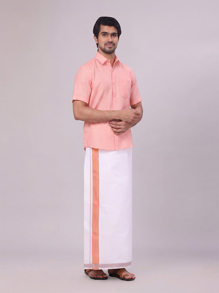 Mens Coral Pink Shirt with Matching jacquard Weave Border Dhoti Combo Marsh