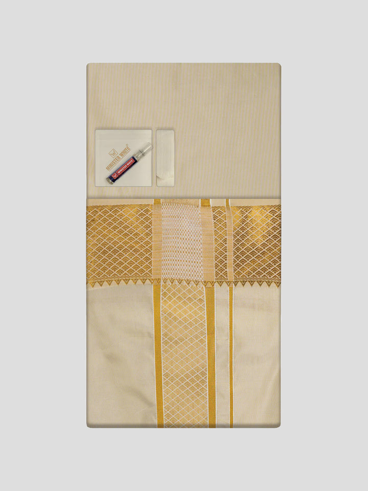 Men's Art Silk Medium Gold Jacquard Full Sleeves Shirt with 3"  Gold Jari Border & Towel Dhoti Combo Mangal