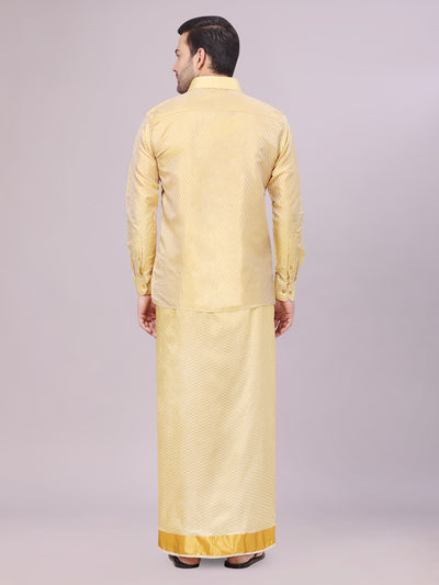 Men's Art Silk Mango Gold Full Sleeves Shirt with 2 1/2" Gold Jari Border Dhoti Combo Neogen back pose