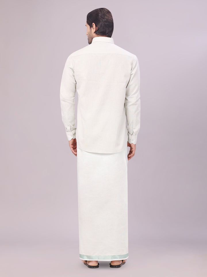 Men's Tissue Leaf Green Color Dhoti Shirt Wedding Combo Maverick back pose