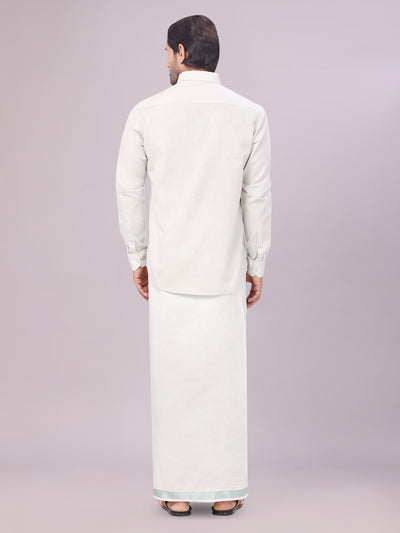 Men's Tissue Leaf Green Color Dhoti Shirt Wedding Combo Maverick back pose