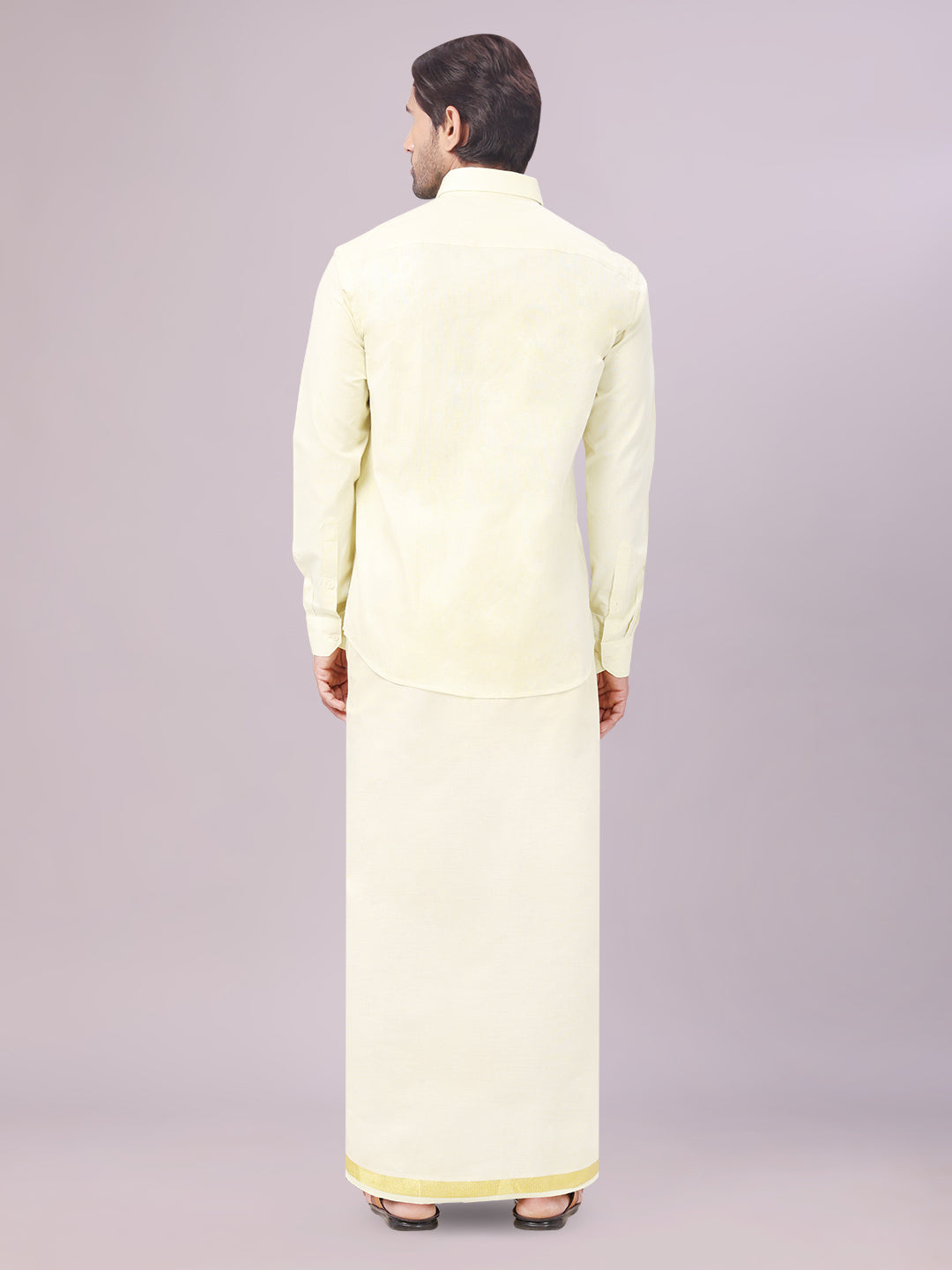 Men's Tissue Brass Colour Dhoti Shirt Wedding Combo Maverick back pose