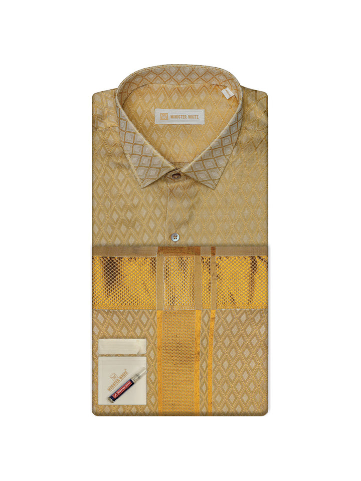 Mens Art Silk Gold Full Sleeves Shirt with 2 1/2" Gold Jari Border Dhoti Combo Spruce