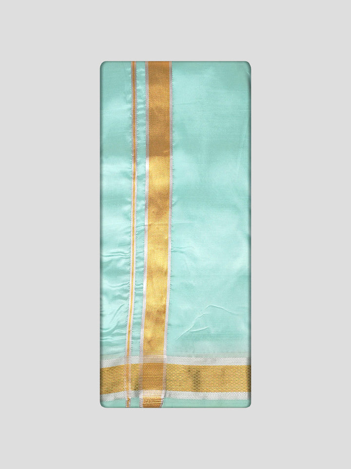 Men's Premium Art Silk Mint Leaf Green Shirt Bit with Gold Jari Border Dhoti Towel Combo Wedding Wonders