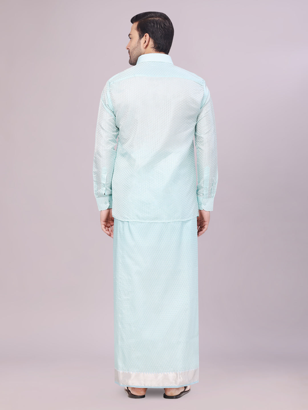 Men's Art Silk Sea Green Full Sleeves Shirt with 2 1/2" Silver Jari Border Dhoti Combo Neogen back pose