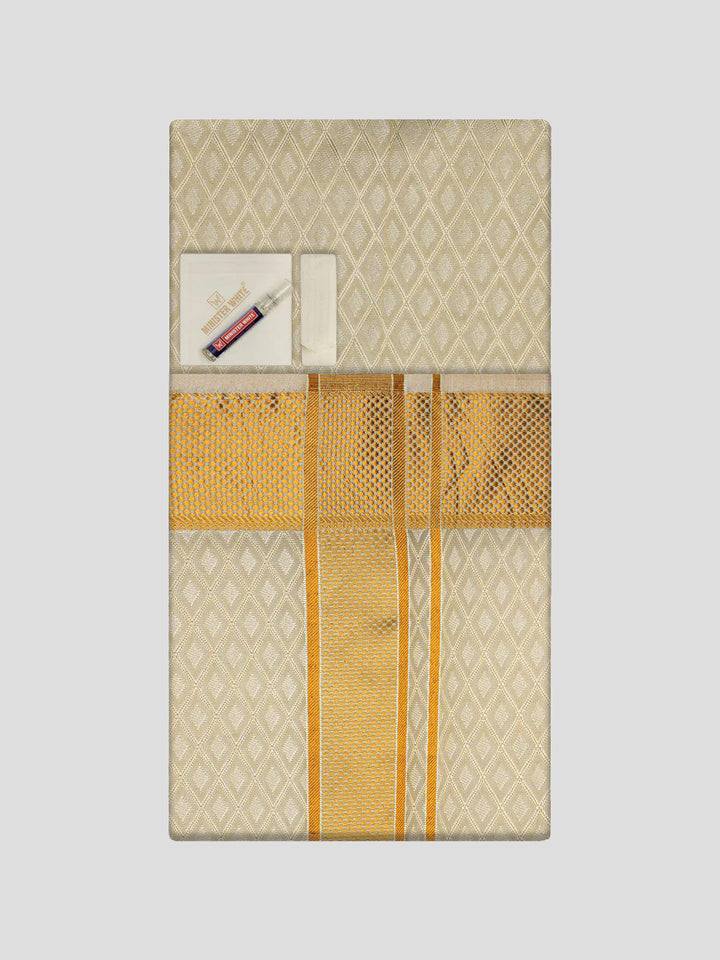 Mens Art Silk Cream Full Sleeves Shirt with 2 1/2"  Gold Jari Border & Towel Dhoti Combo Spruce