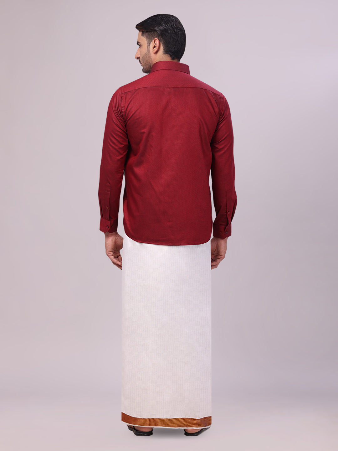 Mens Cotton Maroon Shirt and Airtex Matching Border Dhoti Combo Nector