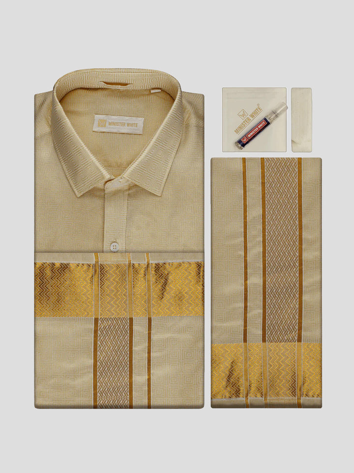 Men's Art Silk Fawn Jacquard Full Sleeves Shirt with 2 1/2" Gold Jari Border Dhoti & Towel Combo Nautica