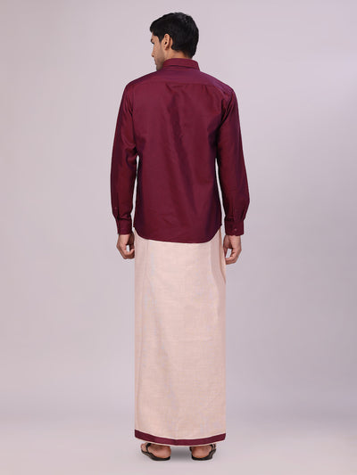 Mens Cotton Maroon Shirt with Tissue Matching Border Dhoti Wedding Combo Kandala