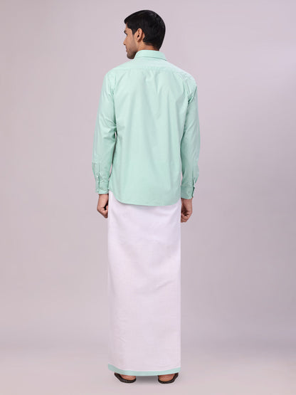 Men's Sea Green Color Shirt with Matching Border Dhoti Combo Casper back pose