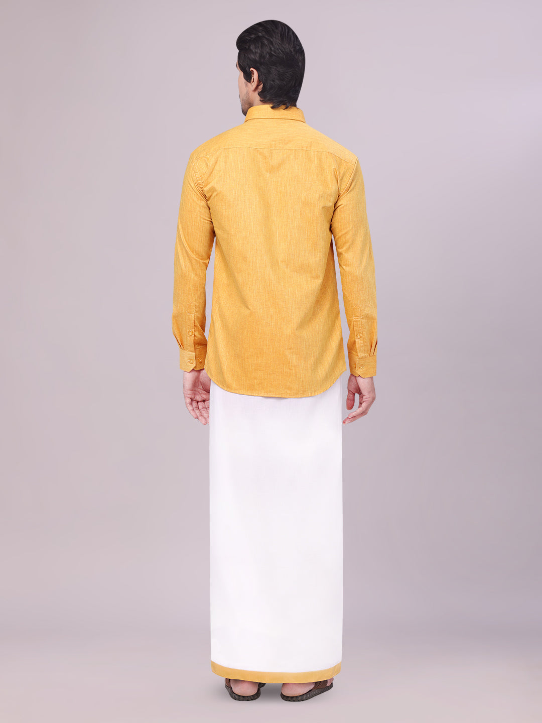 Yellow Colour Cotton Shirt with Matching Border Dhoti Combo for men back pose