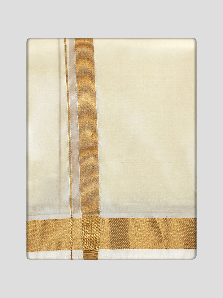 Men's Premium Art Silk Cream Shirt Bit with 50k Gold Jari Border Dhoti Towel Combo Wedding Wonders