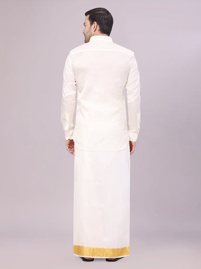 Mens Art Silk Cream Jacquard Full Sleeves Shirt with 2 1/2" Jari Border Dhoti Combo Nautica