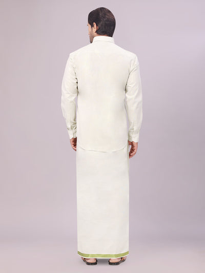 Men's Tissue Sky Green Color Dhoti Shirt Wedding Combo Maverick back pose