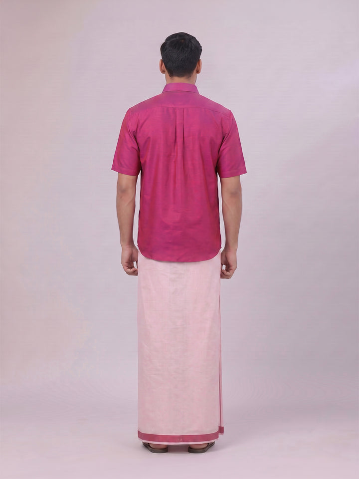 Mens Cotton Magenta Shirt with Tissue Matching Border Dhoti Wedding Combo Kandala