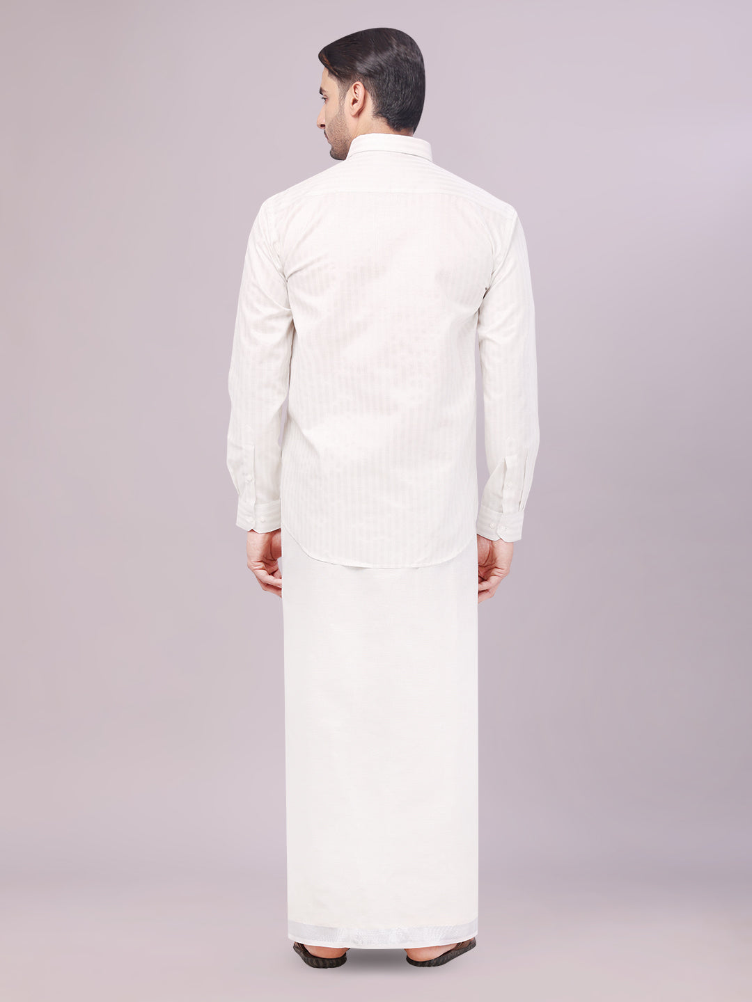 Men's Tissue Stripes Silver Shirt with Plain Jari Border Dhoti Wedding Combo Carter back pose