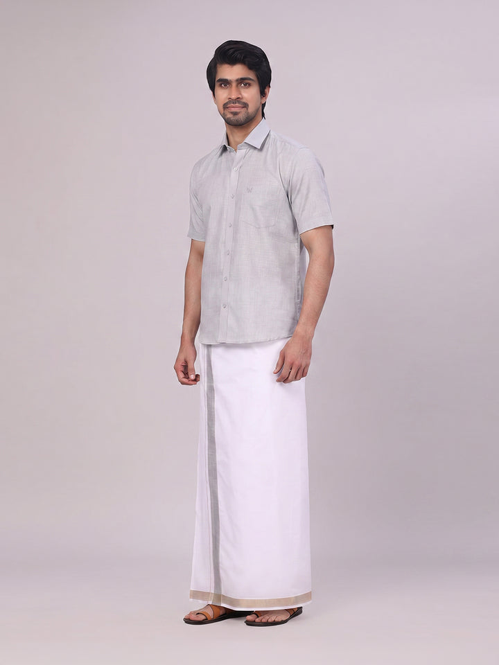 Mens Light Grey Shirt with Matching jacquard Weave Border Dhoti Combo Marsh