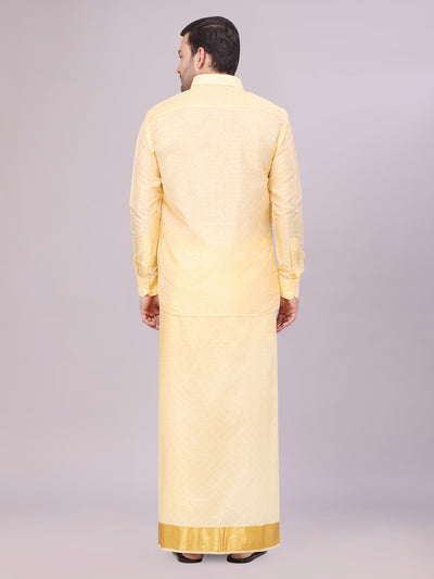 Men's Art Silk Light Gold Full Sleeves Shirt with 3" Gold Jari Border Dhoti Combo Neogen back pose