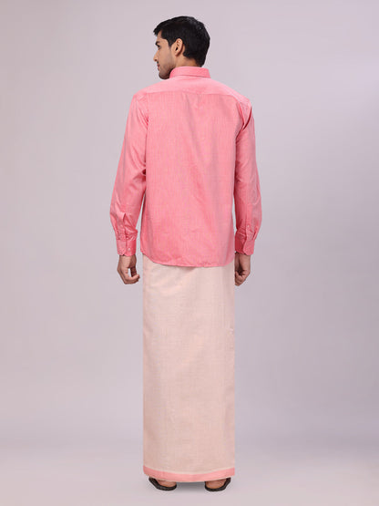 Father & Son Pink Colour Cotton Shirt with Matching Border Tissue Dhoti Combo