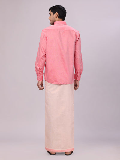 Father & Son Pink Colour Cotton Shirt with Matching Border Tissue Dhoti Combo