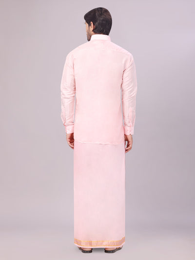 Men's Art Silk Pink Full Sleeves Shirt with Copper Jari Border Dhoti Combo Finesse back pose
