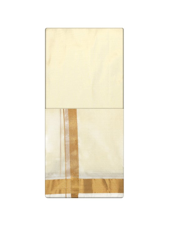 Men's Premium Art Silk Cream Color Shirt Bit with 70k Gold Jari Border Dhoti Combo Cherished Moments
